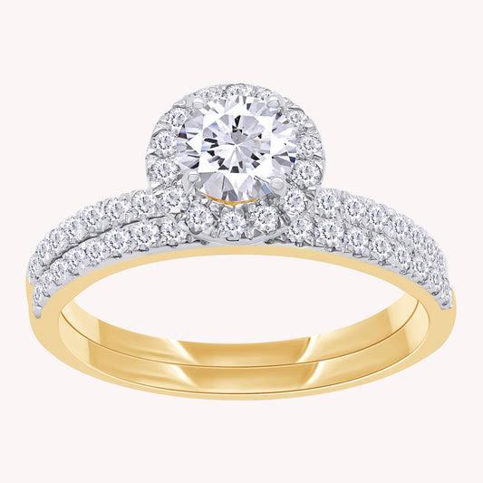 Round Shape Lab Grown Diamond Double Halo Side-Stone Bridal Set Ring - 1.00 CTW